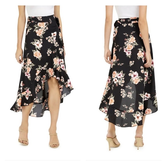 Bar III Dresses & Skirts - Floral Wrap Skirt Black Midi Short Front Long Back Bar III Sz Large UK 14-16